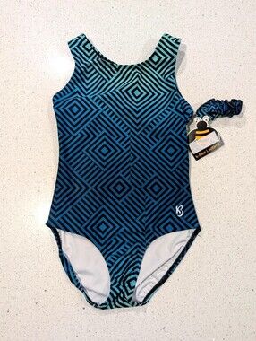 NEW Kbee Gymnastics Dance Leotard AL Large VORTEX Geometric Razorback +SCRUNCHIE